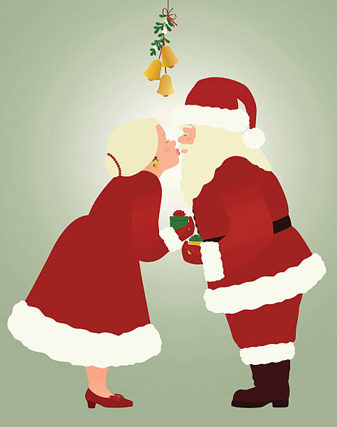Santa and Mrs Claus exchanging Christmas gifts and about to kiss under mistletoe.